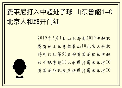 费莱尼打入中超处子球 山东鲁能1-0北京人和取开门红